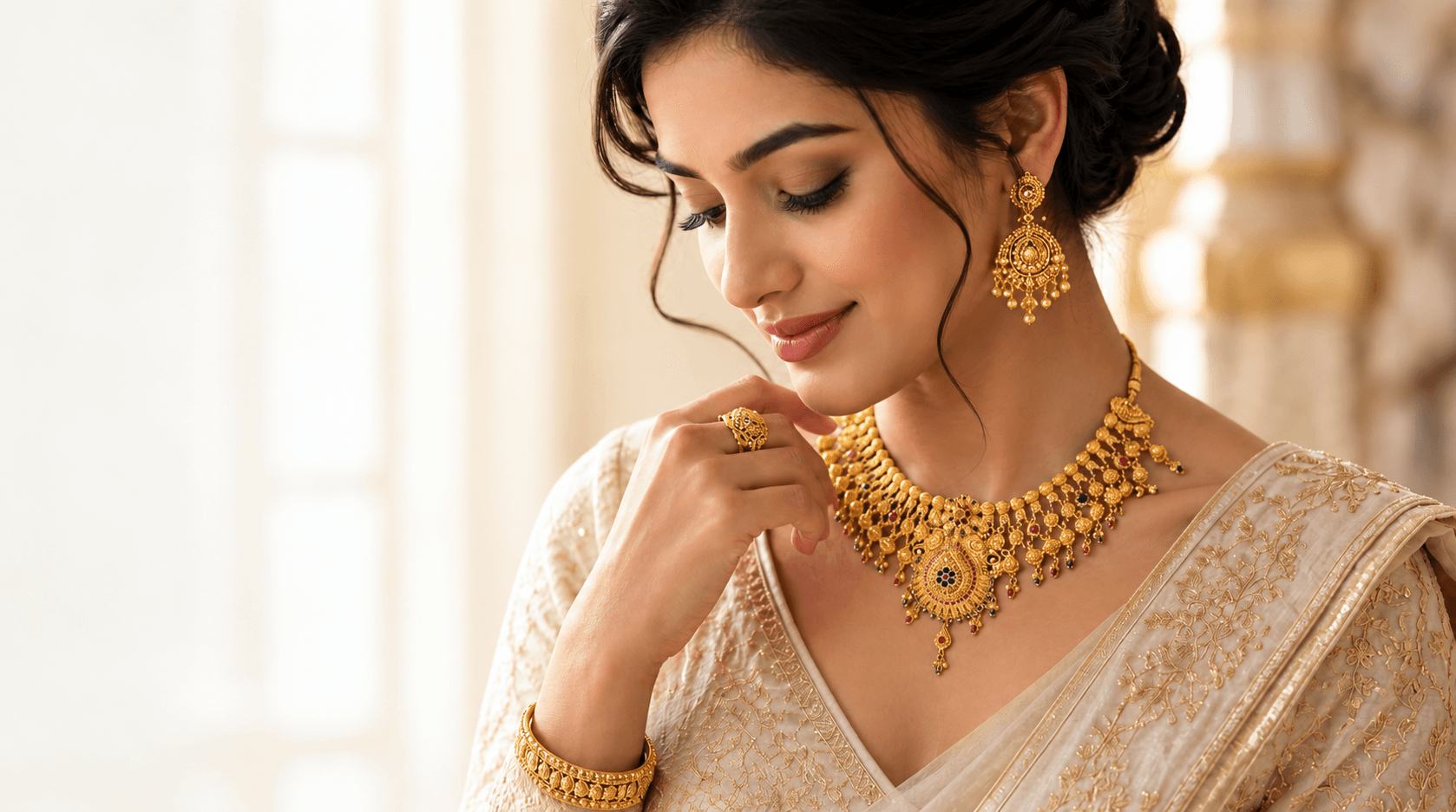 Woman wearing handcrafted gold jewellery
