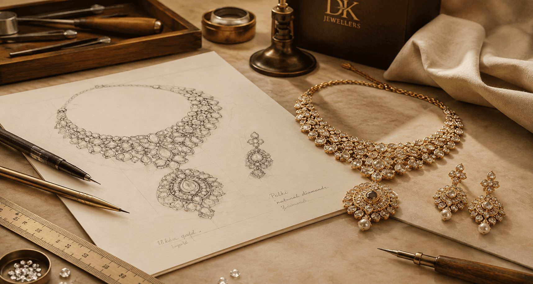 Jewellery sketches and gold necklace